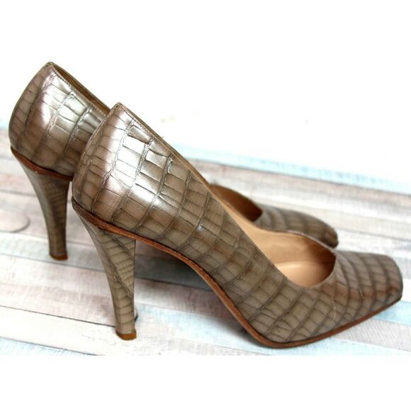 EMPORIO ARMANI PEARL BEIGE CROCO GENUINE LEATHER HIGH HEEL PUMP SHOES 38.5 8.5 - Picture 3 of 10